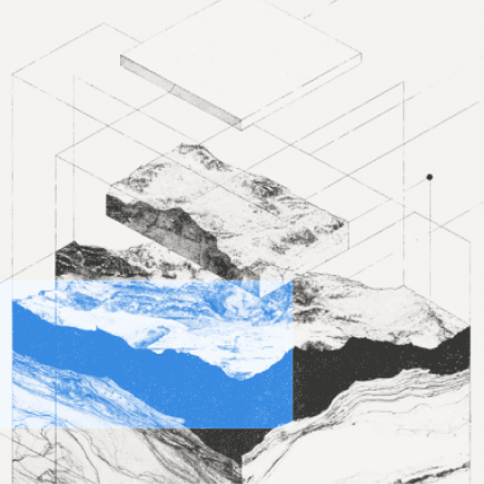 3D isometric illustration of data processing architecture.